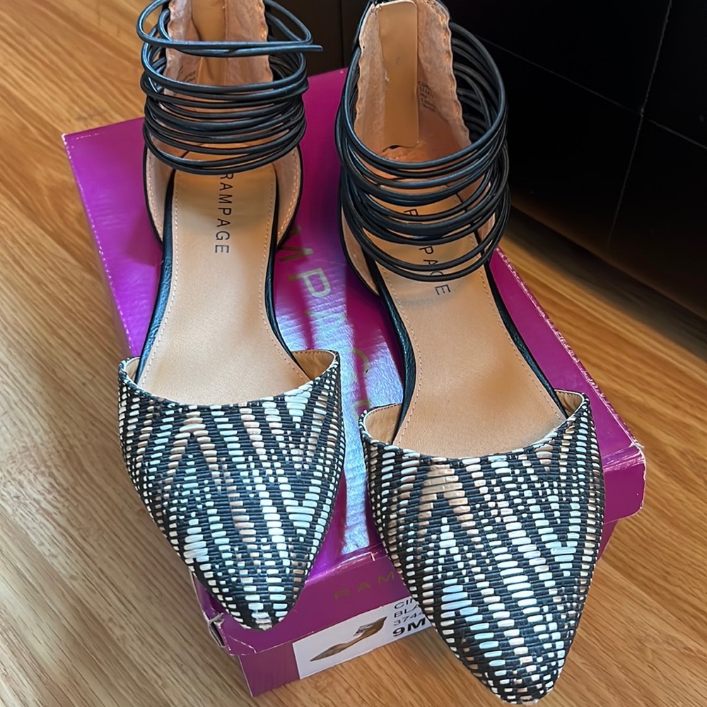 Black pointed flats with ankle band